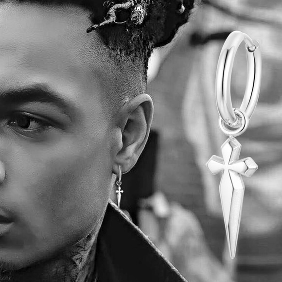 Men's Solid Sterling Silver Dangle Dagger Sword Cross Huggie Hoop Earrings - Picture 5 of 5